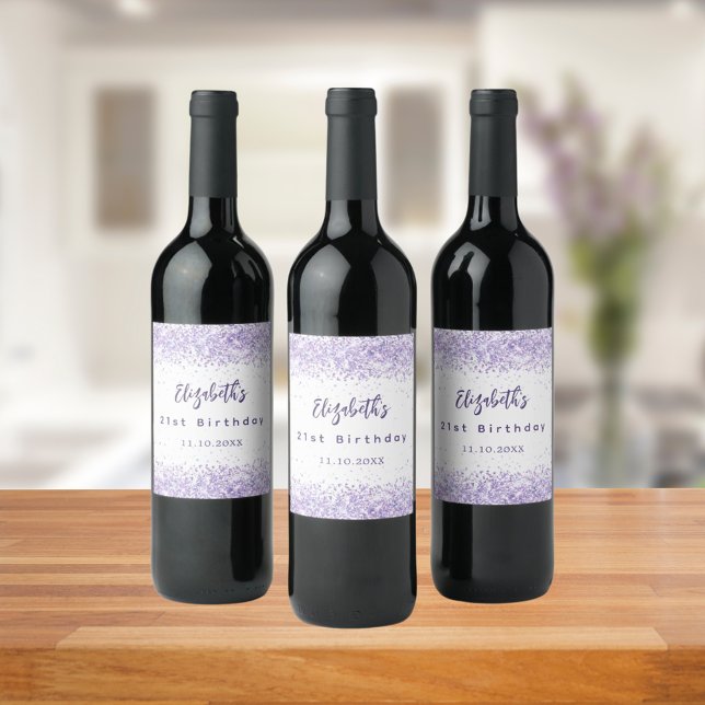 Birthday violet white confetti elegant party wine label (Creator Uploaded)