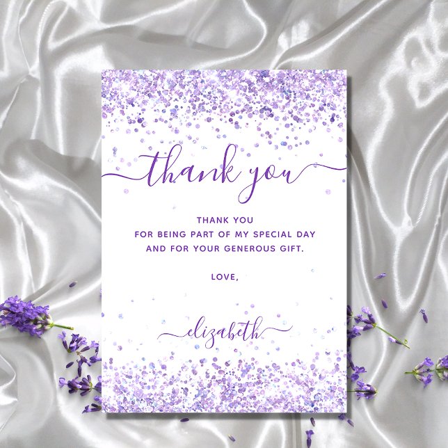 Birthday violet white glitter thank you card (Creator Uploaded)