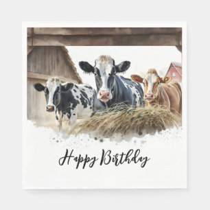 Birthday Watercolor Cows With Hay Napkin