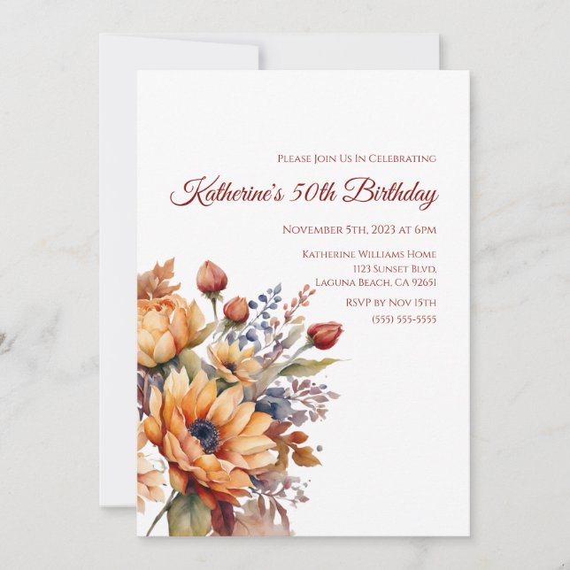 Birthday-Watercolor Fall Flowers- Invitation (Front)