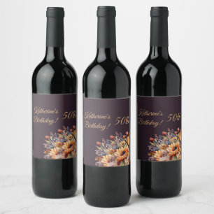Birthday-Watercolor Fall Flowers-Purple Wine Label