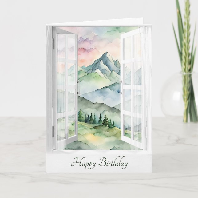 Birthday Watercolor Mountain View In Window Card (Front)