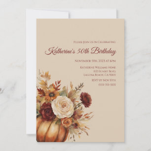 Birthday-Watercolor Pumpkin and Flowers- Invitation