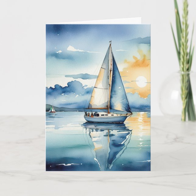 Birthday Watercolor Sailboat On a Lake  Card (Front)