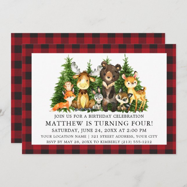 Birthday Watercolor Woodland Animals Plaid Invitation (Front/Back)