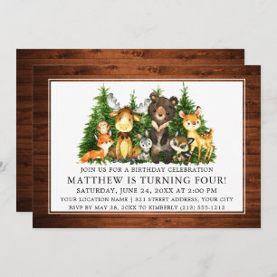 Birthday Watercolor Woodland Animals Wood Invitation
