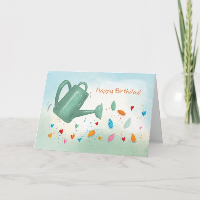 Birthday Watering Can Sprinkling Hearts Card (Front)