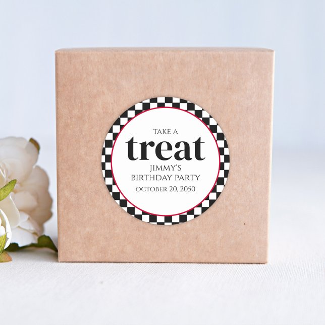 Birthday Whimsical Cute Black Checked Fun Treat Classic Round Sticker (Creator Uploaded)