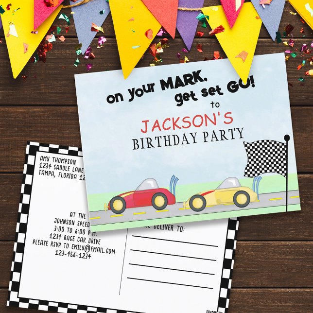 Birthday Whimsical Race Cars Track Chequered Flag Postcard (Creator Uploaded)