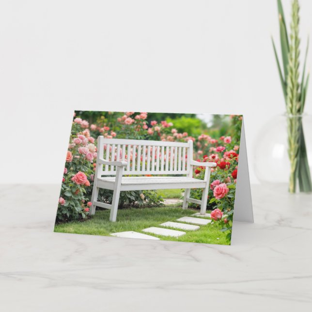 Birthday White Bench In a Summer Rose Garden Card (Front)