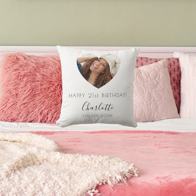 Birthday white black photo name script cushion (Creator Uploaded)