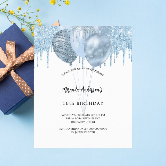 Birthday white blue balloons budget invitation (Creator Uploaded)