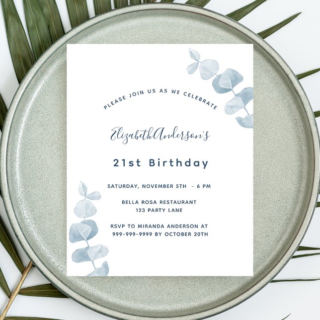 Birthday white blue eucalyptus budget invitation flyer (Creator Uploaded)