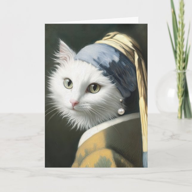 Birthday White Cat With a Pearl Earring Painting Card (Front)