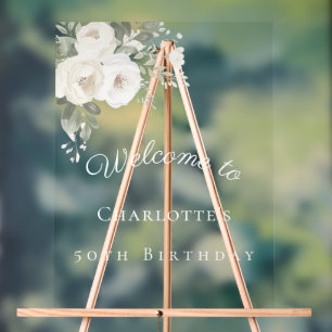 Birthday white florals clear party welcome acrylic sign