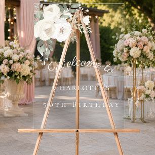 Birthday white florals clear party welcome acrylic sign