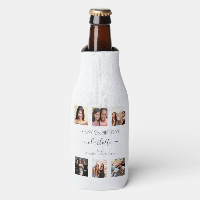 Birthday white friends photo collage bottle cooler (Bottle Front)