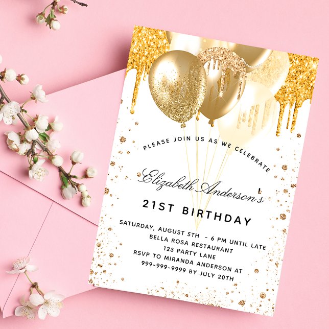 Birthday white gold balloons glitter drips luxury invitation (Creator Uploaded)