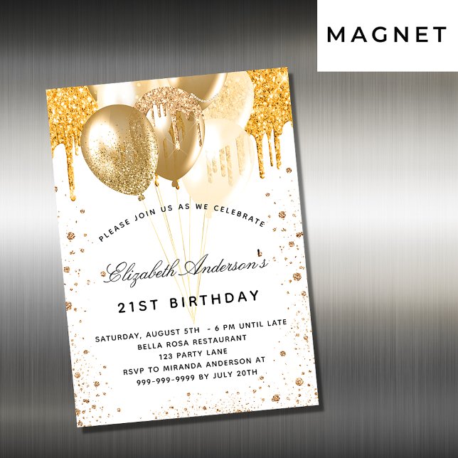 Birthday white gold balloons glitter drips luxury magnetic invitation (Creator Uploaded)