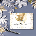 Birthday white gold balloons save the date<br><div class="desc">A chic white background decorated with faux gold glitter and balloons.  Personalise and add a date and name/age. The text: Save the Date is written with a large trendy hand lettered style script.</div>