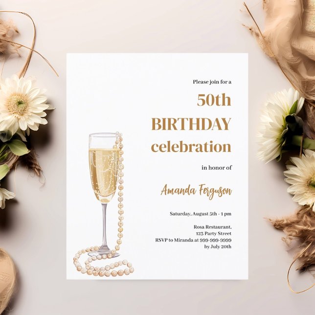 Birthday white gold bubbly wine pearls invitation (Creator Uploaded)