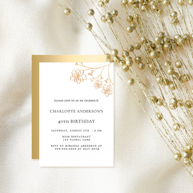 Birthday white gold floral minimalist elegant invitation (Creator Uploaded)