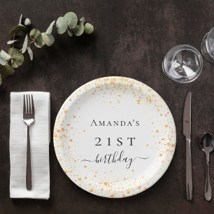 Birthday white gold glitter dust photo name paper plate