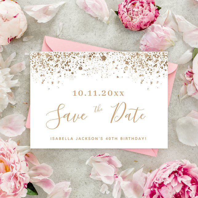 Birthday white gold glitter dust save the date announcement (Creator Uploaded)