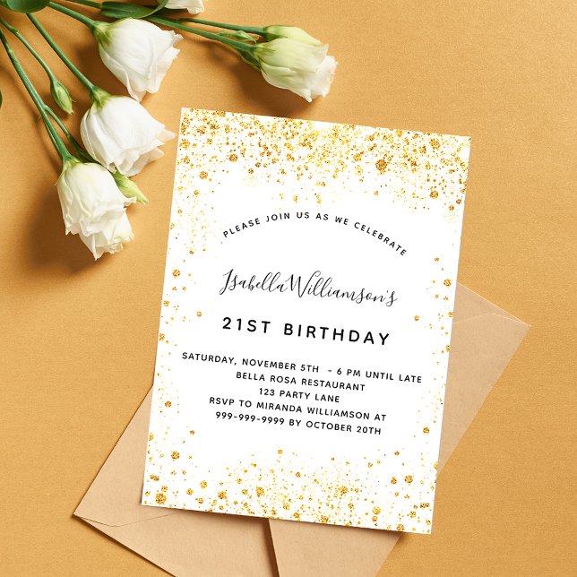 Birthday white gold glitter elegant invitation (Creator Uploaded)