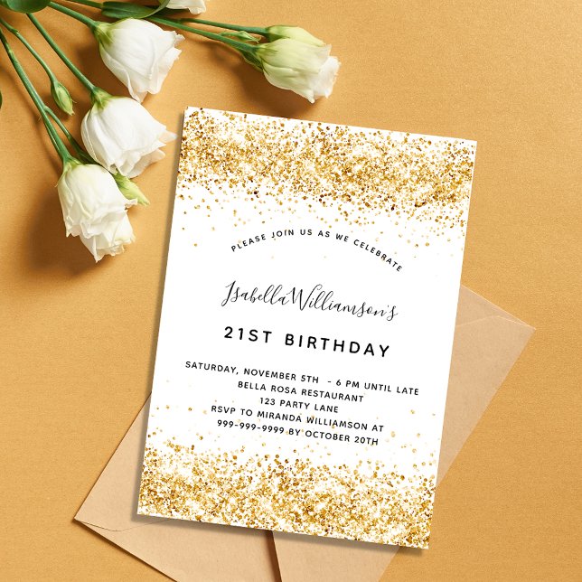 Birthday white gold glitter elegant invitation (Creator Uploaded)