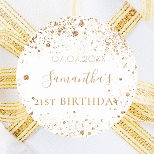 Birthday white gold glitter monogram favour classic round sticker