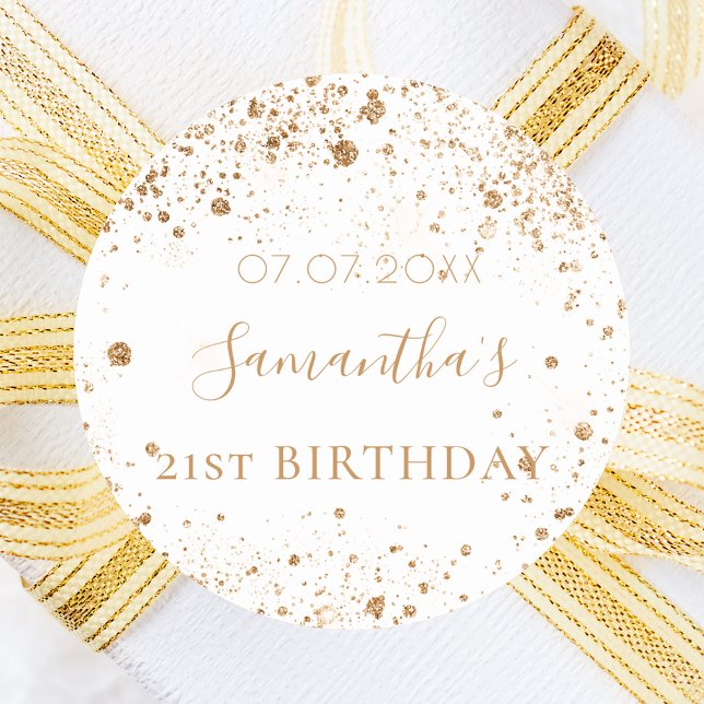 Birthday white gold glitter monogram favour classic round sticker (Creator Uploaded)