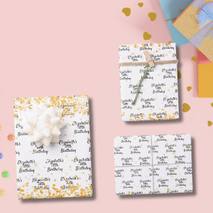 Birthday white gold golden glitter name wrapping paper sheet
