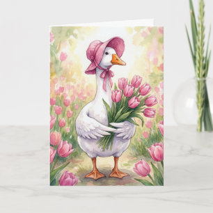 Birthday White Goose With Pink Tulips Card