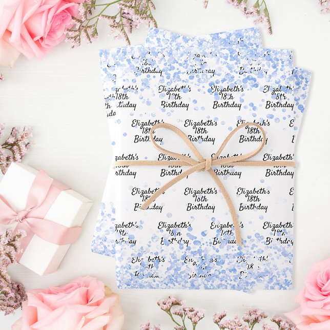 Birthday white light blue confetti sparkle name wrapping paper sheet (Creator Uploaded)