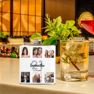 Birthday  white monogram photo collage friends hip flask