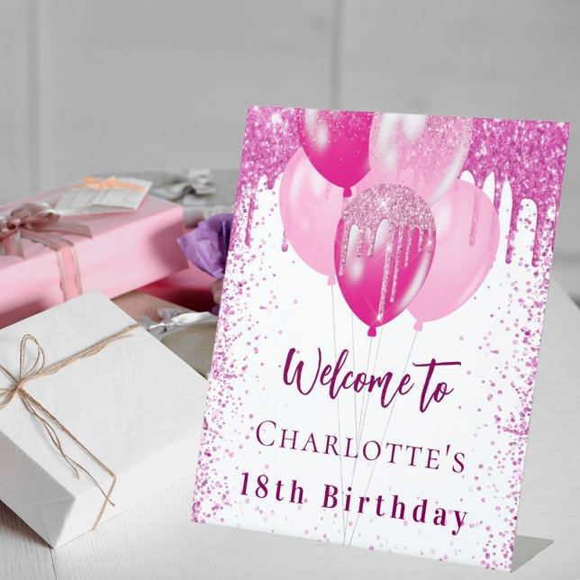 Birthday white pink balloons girl welcome party pedestal sign (Creator Uploaded)