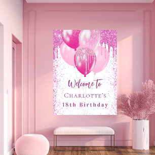 Birthday white pink balloons girl welcome party poster