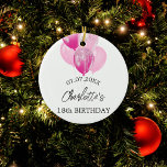 Birthday white pink balloons name ceramic tree decoration<br><div class="desc">An ornament for a girly and glamourous 18th (or any age)  birthday . A white background with pink balloons. Personalise and add a date,  a name and age.</div>