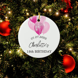 Birthday white pink balloons name ceramic tree decoration