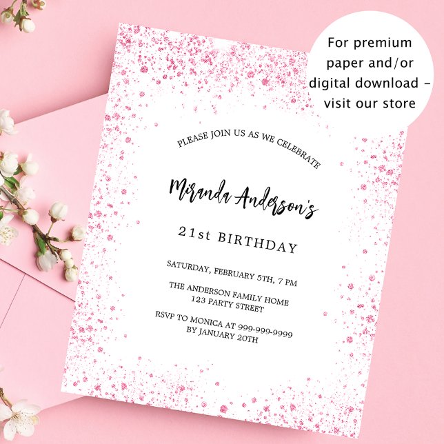 Birthday white pink glitter chic budget invitation (Creator Uploaded)
