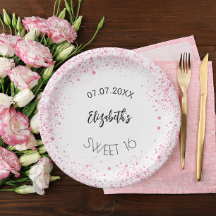Birthday white pink glitter girl name paper plate