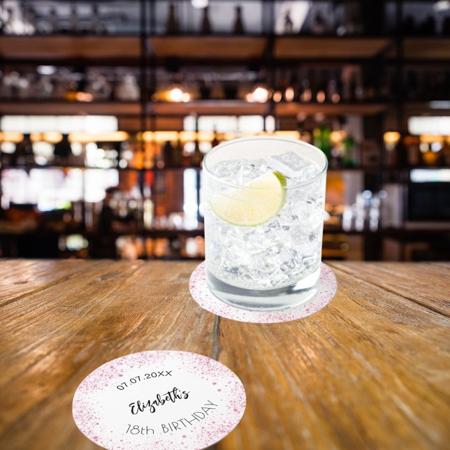 Birthday white pink glitter name round paper coaster (Creator Uploaded)