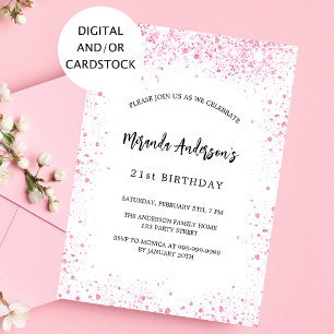 Birthday white pink glitter sparkles elegant invitation