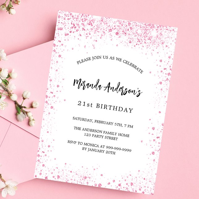 Birthday white pink glitter sparkles luxury invitation (Creator Uploaded)