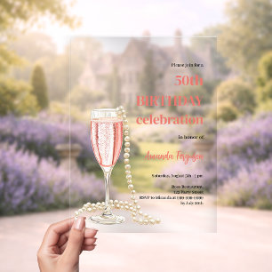 Birthday white pink prosecco pearls clear acrylic invitations