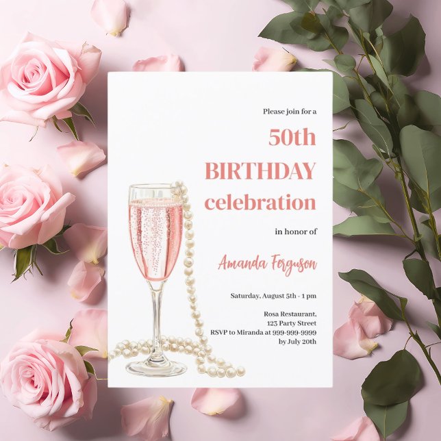 Birthday white pink sparkling wine pearls invitation (Creator Uploaded)