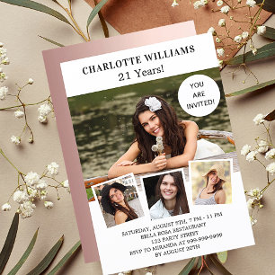 Birthday white rose gold photo collage luxury invitation