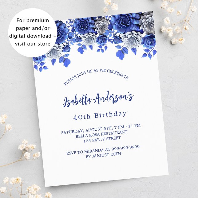 Birthday white royal blue floral budget invitation (Creator Uploaded)