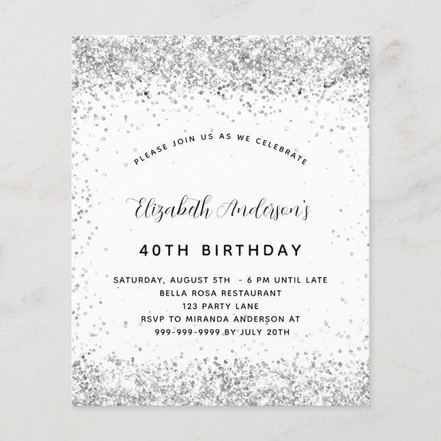 Birthday white silver glitter budget invitation flyer (Front)